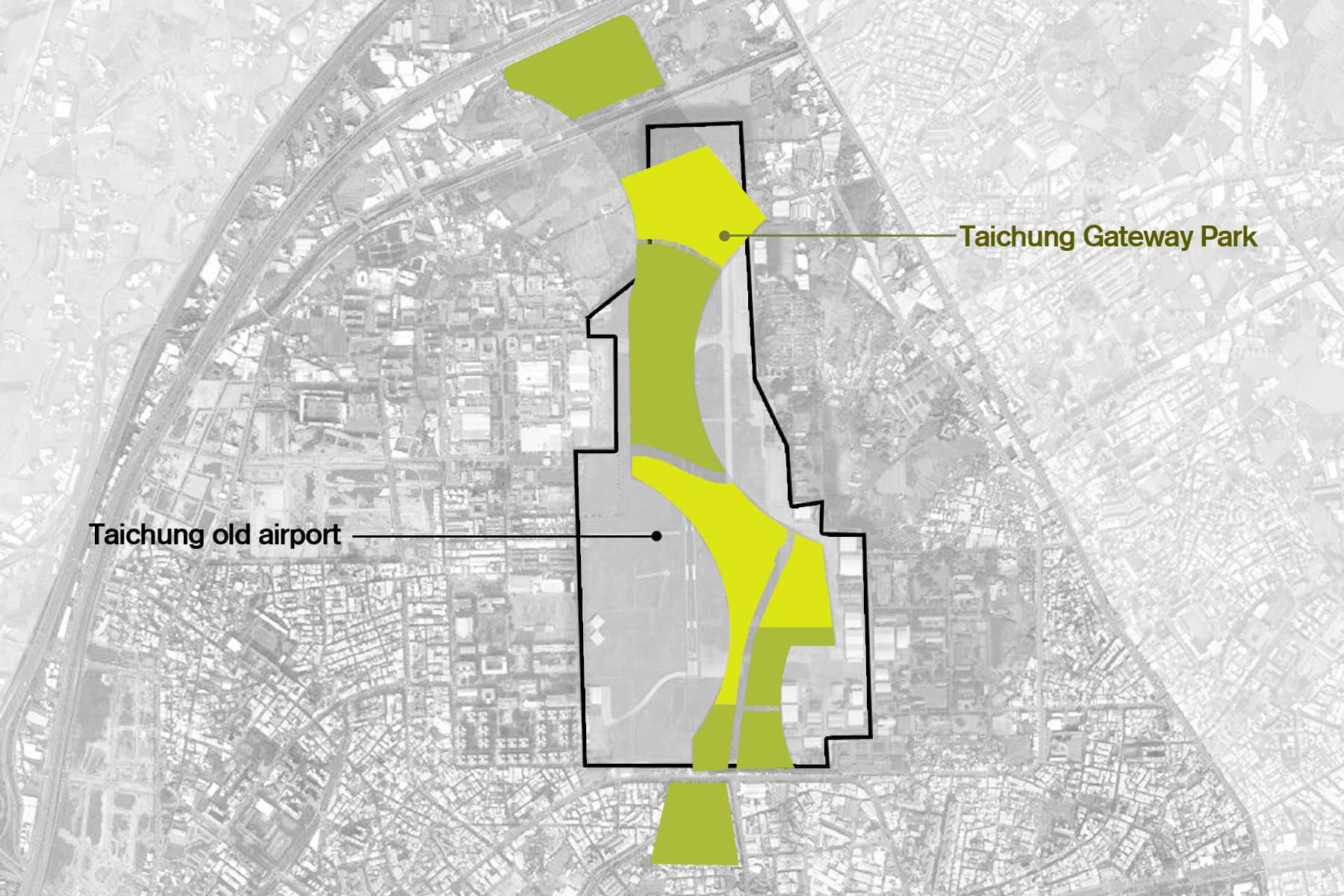 A modo de gran pulmón verde, se plantea una red de equipamientos y zonas verdes bajo un esquema de paseos en el aeropuerto de Taichung.