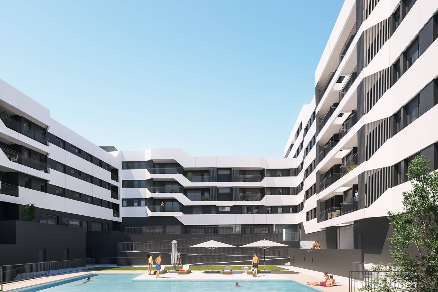 This project is located in the center of the city, but it offers a feeling of open spaces with large terraces overlooking the sea and gardens in the common areas.