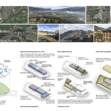ON-A - Instituto de Educación Física. INEF - This proposal arises from a deep analysis of the location and environment; it is a study of the existing to design the future of the Seu. The project, which is located in the most fertile zone of the Valira River, takes as an architectonic referent the Castellciutat.